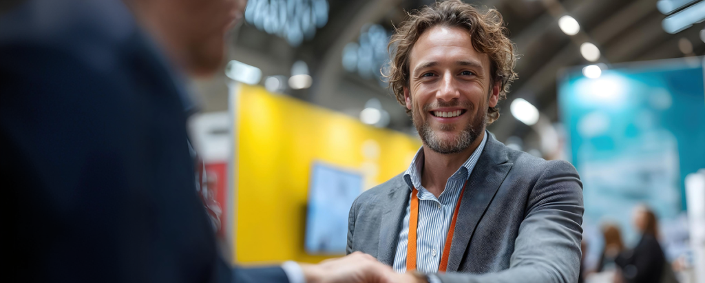 Lächelnder Messeteilnehmer mit Lanyard begrüßt einen Gesprächspartner per Handschlag am Messestand.