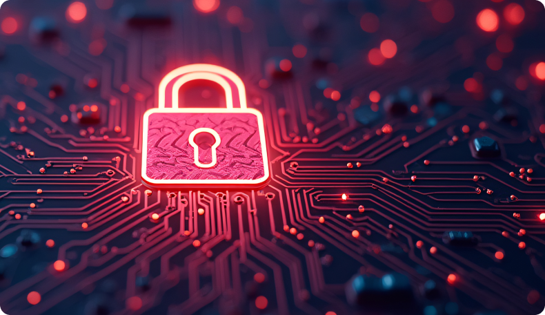 Leuchtend rotes Vorhängeschloss-Symbol auf einer Platine – Symbol für Cybersicherheit und Datenschutz.