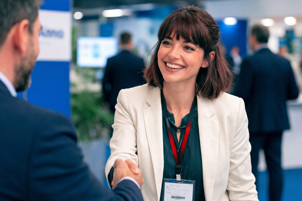 Mitarbeiterin begrüßt einen Messebesucher zum persönlichen Gespräch am Messestand