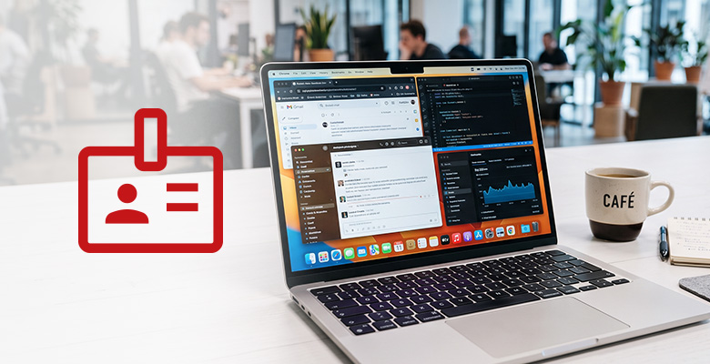 Laptop mit einer eigenen Lead-Management-Software auf dem Schreibtisch, daneben ein Badge-Symbol – die BARCODE-API liefert Daten direkt in die eigene Lösung.