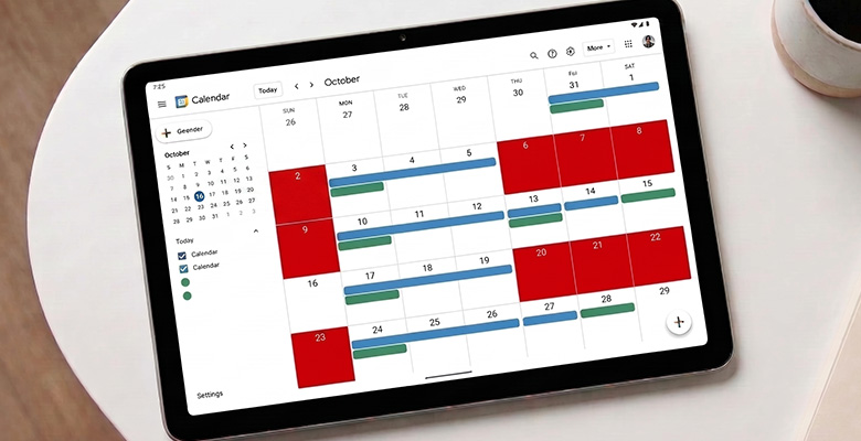 Tablet auf einem Tisch zeigt einen Kalender mit einzeln markierten Messetagen – Sinnbild für flexibel buchbare Event Day Credits.