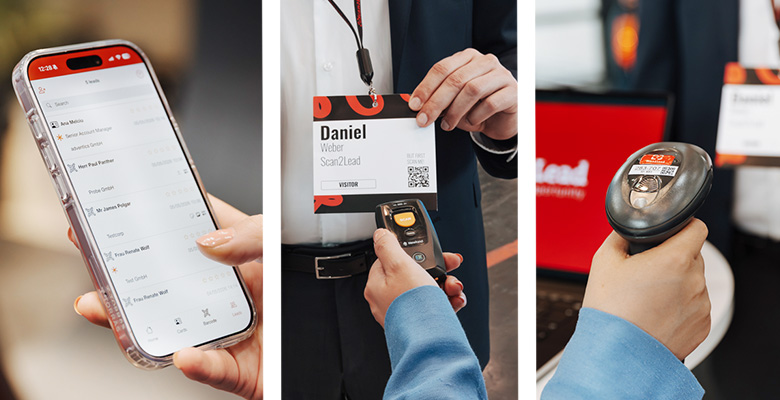 Verschiedene Scan2Lead-Erfassungsmethoden: Lead-Erfassung per Smartphone-App, Scannen eines Badge-QR-Codes und Badge-Scan mit dem COLLECT-Miniscanner.