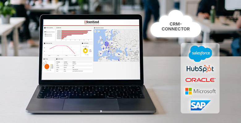Laptop mit dem Scan2Lead PORTAL, daneben ein CRM-Connector mit Logos gängiger CRM-Systeme – kompatibel mit über 1.000 Tools.
