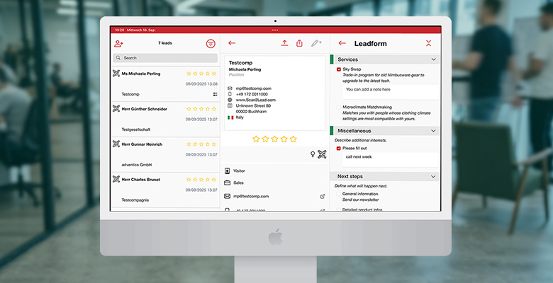 Bildschirm zeigt die Scan2Lead-Lead-Übersicht mit den zuletzt erfassten Besuchern, Bewertungen und Detailansicht – jederzeit im Überblick.
