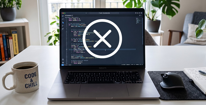 Laptop mit Programmcode auf dem Bildschirm, überlagert von einem durchgestrichenen X-Symbol – Einrichtung ganz ohne Programmierkenntnisse.