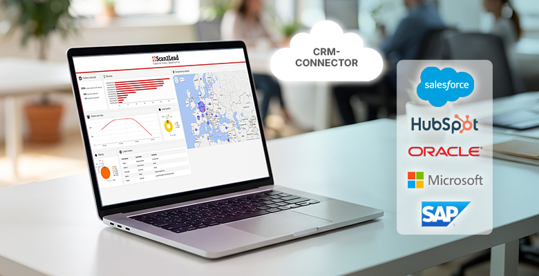 Laptop mit dem Scan2Lead PORTAL auf einem Schreibtisch, daneben ein CRM-Connector mit Logos gängiger CRM-Systeme – automatische Übertragung ins CRM.