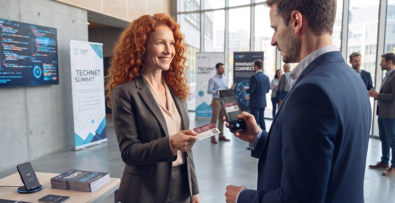 Aussteller scannt den Besucherausweis eines Messegasts zur digitalen Leaderfassung.
