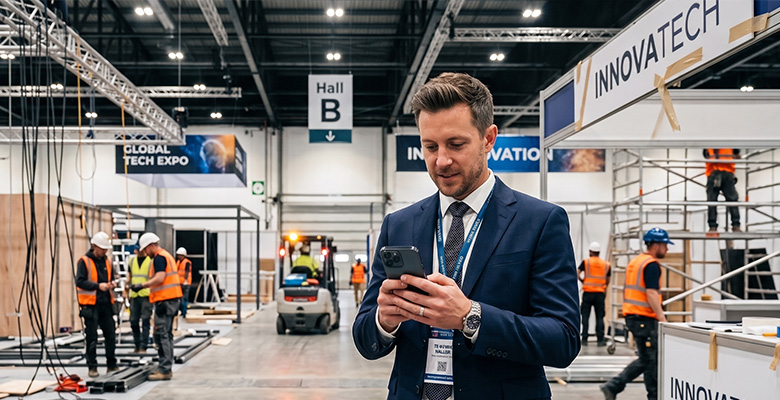 Aussteller nutzt die Scan2Lead App während des Aufbaus eines Messestands.