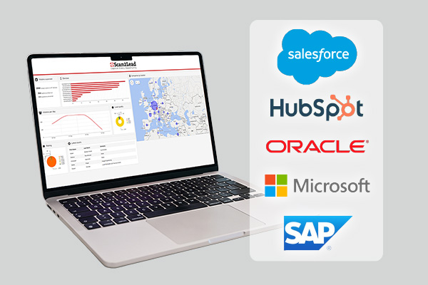 Laptop mit dem Scan2Lead PORTAL, daneben Logos gängiger CRM-Systeme – No-Code-Einrichtung der CRM-Anbindung.