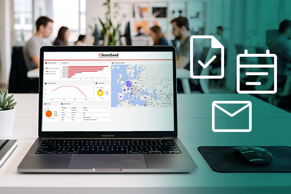 Laptop mit dem Scan2Lead PORTAL, daneben Symbole für Aufgabe, Kalender und E-Mail – automatische Aktionen nach dem Lead-Eingang festlegen.