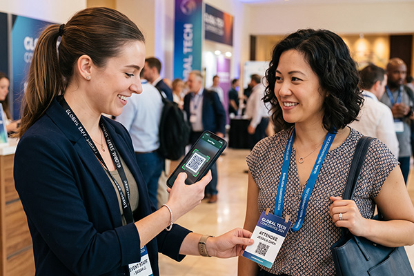 Eine Ausstellerin scannt mit einem eigenen Handgerät den Badge einer Besucherin am Messestand – Badge-Scan mit der eigenen Lösung.