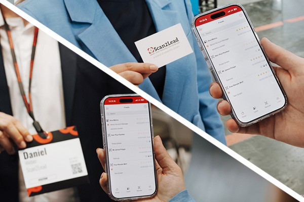 Zweigeteiltes Motiv: links Badge-Scan eines Besuchers, rechts Scan einer Visitenkarte mit der Scan2Lead App auf dem Smartphone.