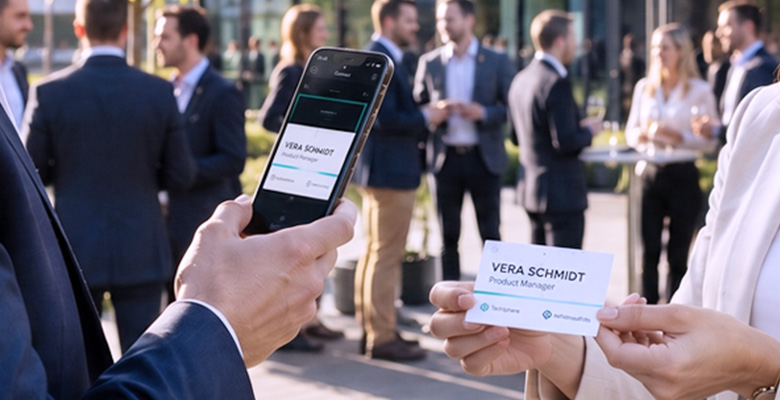 Besucherausweis wird mit der Scan2Lead App auf einem Smartphone für die digitale Leaderfassung gescannt.