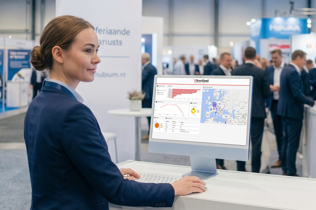 Standmitarbeiterin am Messestand betrachtet die Lead-Auswertung im Scan2Lead PORTAL auf einem Monitor.