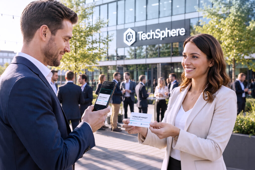 Ein Mann scannt die Visitenkarte einer Frau mit der Scan2Lead App auf dem Smartphone bei einem Networking-Event.