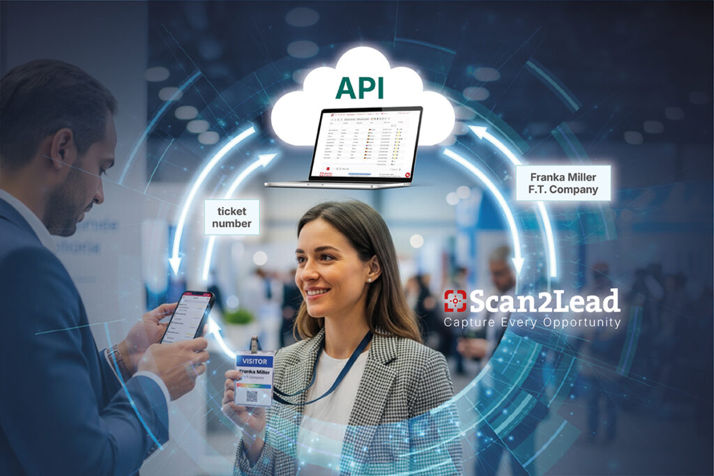 Infografik: Ein Aussteller scannt den Badge einer Besucherin, dessen Daten per API in die eigene Lead-Software fließen.