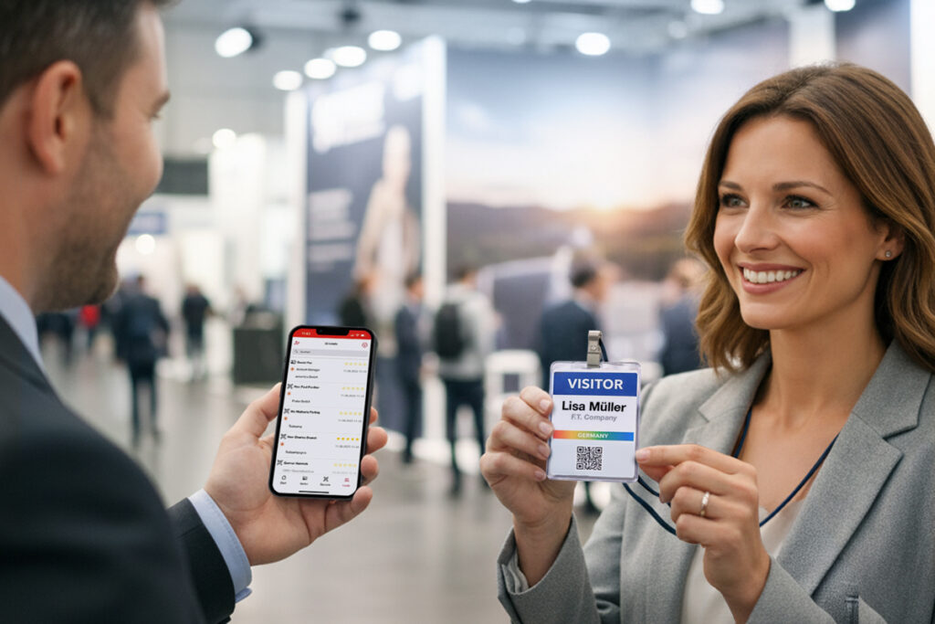 Aussteller scannt mit der Scan2Lead App auf dem Smartphone den QR-Code auf dem Besucher-Badge einer lächelnden Messebesucherin.