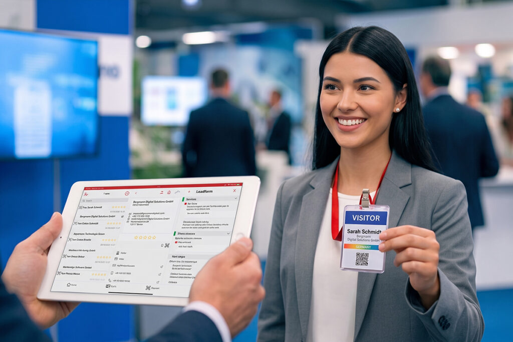 Aussteller scannt mit der Scan2Lead App SMART auf einem Leih-iPad den Badge einer lächelnden Messebesucherin.