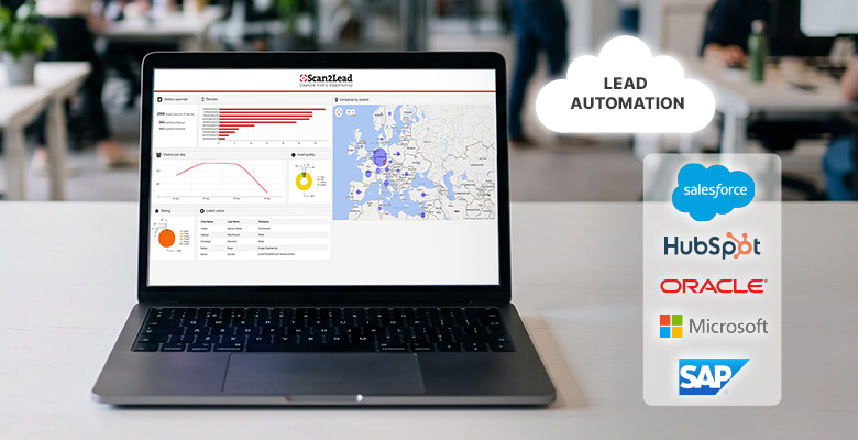 Laptop mit dem Scan2Lead PORTAL, per Lead Automation verbunden mit Logos gängiger CRM-Systeme.