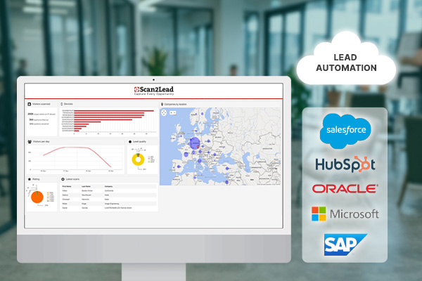 Monitor mit dem Scan2Lead PORTAL, verbunden über Lead Automation mit Logos gängiger CRM-Systeme.