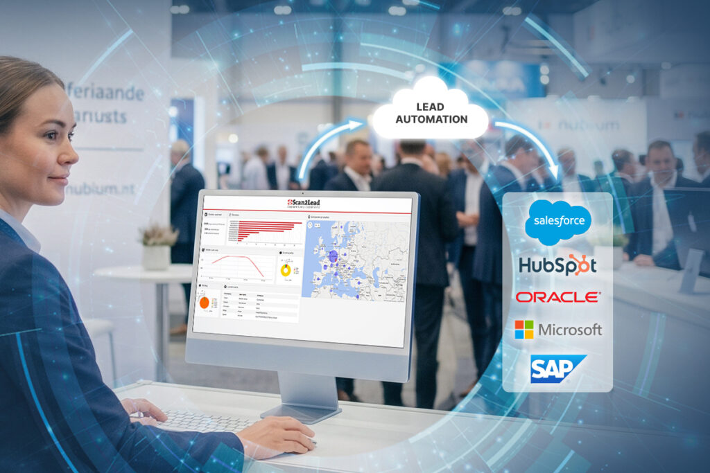 Konzeptgrafik: Eine Ausstellerin am Monitor mit dem Scan2Lead PORTAL, das über einen CRM-Connector mit gängigen CRM-Systemen verbunden ist.